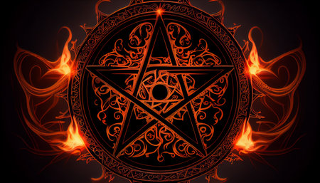 Black mass montage of occult Satanic pentagram materialising against a grunge texture background of alchemy symbols. Ai generativeの素材