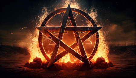 orange flame pentagram in sea side, ai generativeの素材