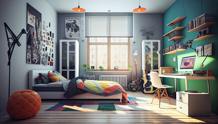 Stylish teenagers room interior with comfortable bed and sports equipment. Ai generativeの素材