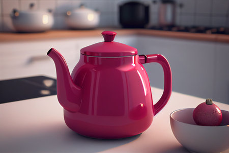 Modern electric kettle, on wooden table in kitchen. Ai generativeの素材