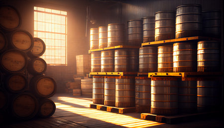 Industry oil barrels or chemical drums stacked up. chemical tank.container of barrels of hydrocarbons. hazardous waste of black and blue tank oil.の写真素材