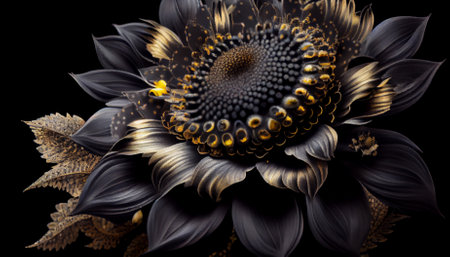 Surreal dark black flower dahlia macro isolated on black. Ai generativeの写真素材