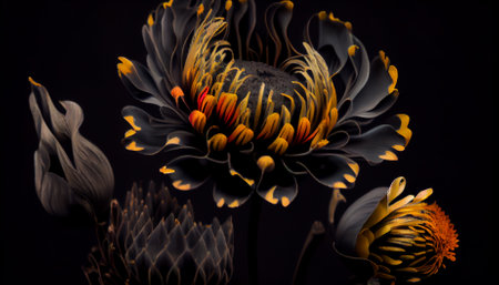 Surreal dark black flower dahlia macro isolated on black. Ai generativeの写真素材
