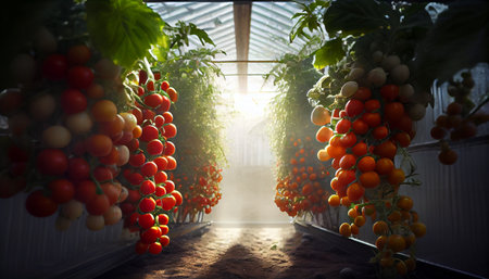 Beautiful red ripe tomatoes grown in a greenhouse. Beautiful background. Ai generativeの写真素材