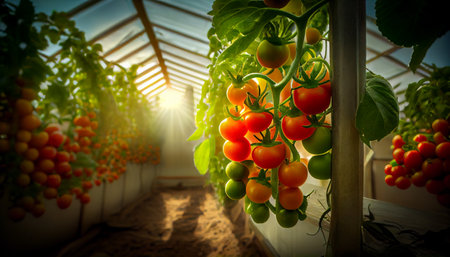 Beautiful red ripe tomatoes grown in a greenhouse. Beautiful background. Ai generativeの写真素材