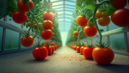 Beautiful red ripe tomatoes grown in a greenhouse. Beautiful background. Ai generativeの写真素材