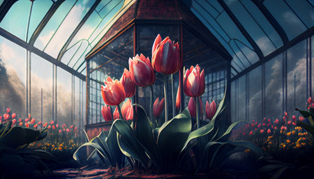 Greenhouses for growing tulips. Floriculture industry. Ai generativeの写真素材