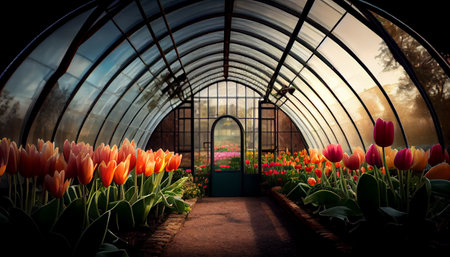 Greenhouses for growing tulips. Floriculture industry. Ai generativeの写真素材