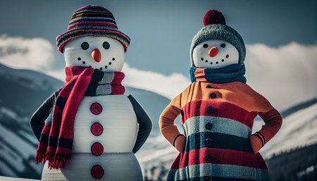 Snowman on snow. Couple at winter vacation on ski resort. Ai generativeの写真素材