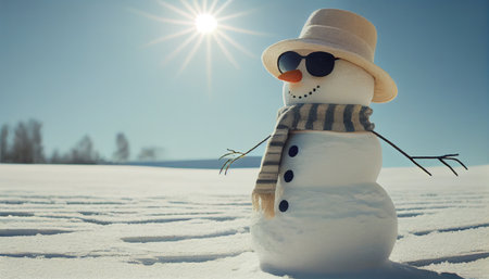 Funny snowman outdoors on sunny day, Ai generativeの写真素材