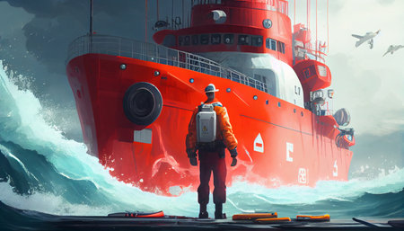 lifeguard approaching ship at blue sea. Ai generativeの素材