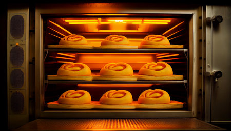 A lot of bread prepare is in oven. Bread bakery food factory production with fresh products. Automated production of bakery products. Ai generativeの素材