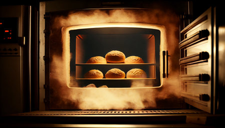 A lot of bread prepare is in oven. Bread bakery food factory production with fresh products. Automated production of bakery products. Ai generativeの素材