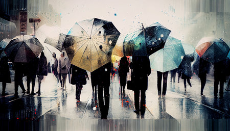 crowds of people with umbrellas and rainjackets on the move while it is raining. Generative aiの素材