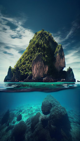Amazed nature scenic view landscape like island Phang-Nga bay, Attraction famous popular landmark tourist travel Phuket Thailand summer vacation trip. Ai generative.の素材