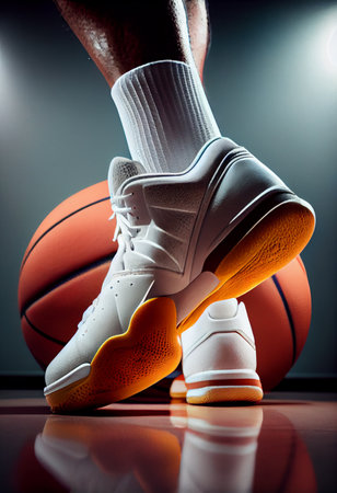 White pro noname sneakers with basketball on court. Legs of a professional player with a ball close-up. AI generative.の素材