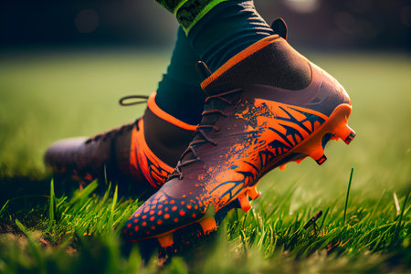 foot of a soccer player on green grass. Multicolor football boots. Ai generativeの素材