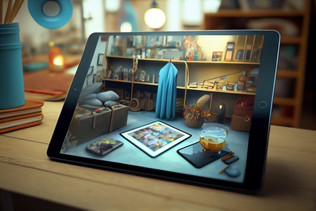 Shopping with tablet computer for clothes online. Shopaholic, ai generativeの素材