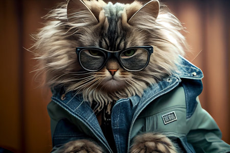 Siberian fashionable Hipster cat portrait. Ai generativeの素材