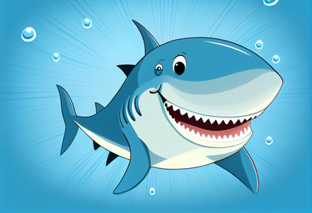 Happy positive Shark with widely opened mouth. Cartoon style. Generative ai.の素材