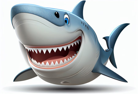 Happy positive Shark with widely opened mouth. Cartoon style. Generative ai.の素材