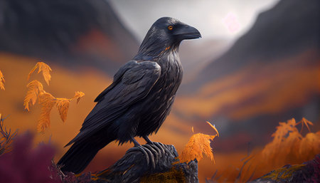 Common raven sitting on mossed branch in autumn nature. Generative ai.の素材