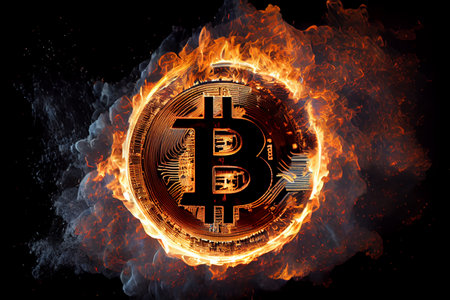 Three Golden Coins Bitcoin burning in a fiery flame on a dark background. Electronic money, the burning of crypto currency. Ai generativeの写真素材