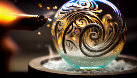Glass blower forming beautiful piece of glass. A glass crafter is burning and blowing an art piece. Ai generativeの素材