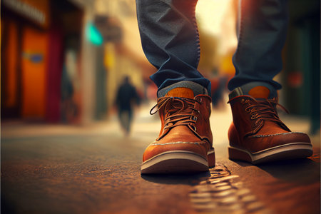 male legs in orange sneakers and jeans on a footpath in the summer street. Generative aiの素材