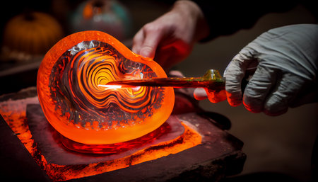 Glass blower forming beautiful piece of glass. A glass crafter is burning and blowing an art piece. Ai generativeの素材