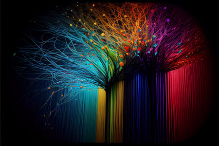 Fiber optics lights abstract background. luminous multi-colored fibers. Ai generative image.の素材