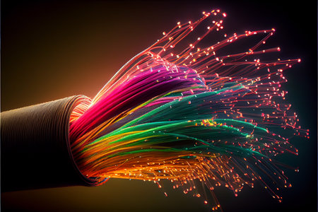 Fiber optics lights abstract background. luminous multi-colored fibers. Ai generative image.の素材
