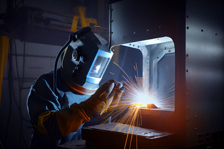Skillful metal worker working with arc welding machine in factory while wearing safety equipment....