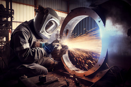 Skillful metal worker working with arc welding machine in factory while wearing safety equipment. Metalwork manufacturing and construction maintenance service by manual skill labor concept. Ai generativeの写真素材