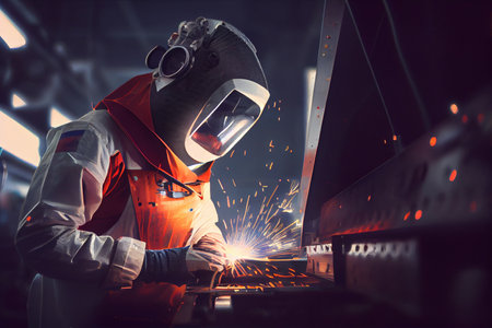 Skillful metal worker working with arc welding machine in factory while wearing safety equipment....