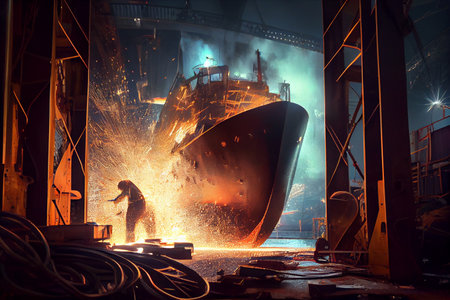 Skillful metal worker working with plasma welding machine in shipyard wearing safety equipment Metalwork manufacturing and construction maintenance service by manual skill labor concept. Ai generativeの素材