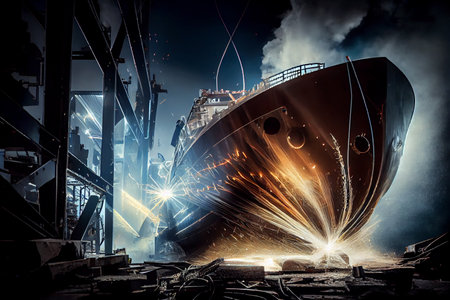 Skillful metal worker working with plasma welding machine in shipyard wearing safety equipment Metalwork manufacturing and construction maintenance service by manual skill labor concept. Ai generativeの素材