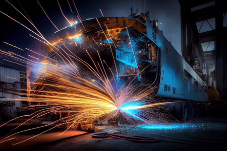 Skillful metal worker working with plasma welding machine in shipyard wearing safety equipment Metalwork manufacturing and construction maintenance service by manual skill labor concept. Ai generativeの素材
