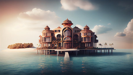 Futuristic hotel, Maldives paradise scenery. Tropical landscape, seascape with long jetty, water villas with amazing sea and lagoon beach, tropical nature. Generative aiの素材