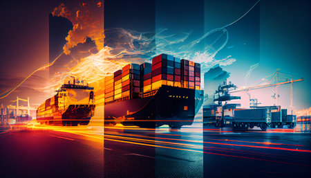 Double exposure of Industrial Container Cargo freight ship, truck, aircraft for Logistic Import Export concept. Ai generativeの素材
