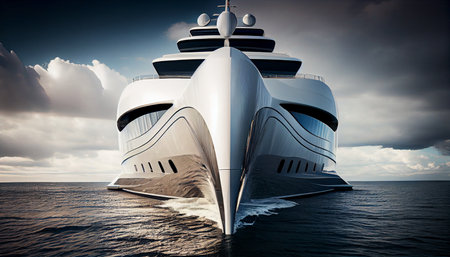 Luxury private motor yacht under way on tropical sea. Front view. Generative aiの素材
