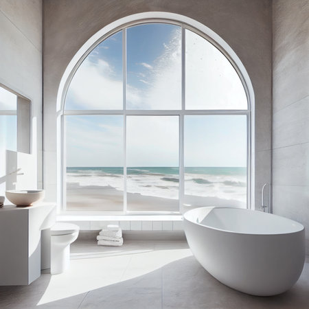 Comfortable bright bathroom interior design, a free-standing white bath against the background of panoramic window. hanging decor from dry grass. Ai generativeの素材