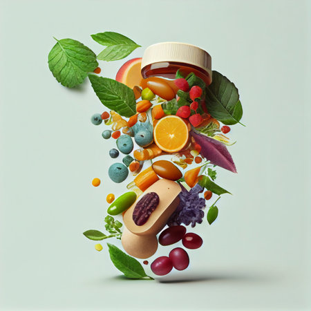 Homeopathy concept. Homeopathic globules out of a glass bottle, fresh herb, green background. Alternative herb medicine healtcare pills. Generative ai.の素材