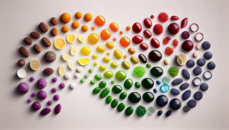 Creative layout of colorful pills and capsules. Minimal medical concept. Pharmaceutical. Flat lay, top view. Ai generativeの素材