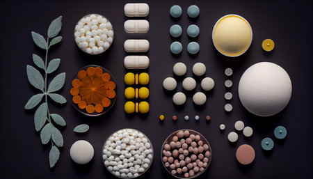 Creative layout of colorful pills and capsules. Minimal medical concept. Pharmaceutical. Flat lay, top view. Ai generativeの素材