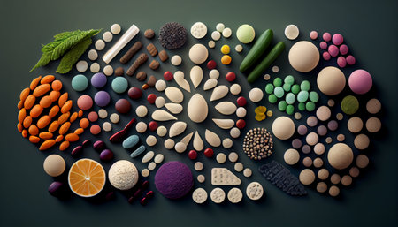 Creative layout of colorful pills and capsules. Minimal medical concept. Pharmaceutical. Flat lay, top view. Ai generativeの素材