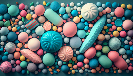 Creative layout of colorful pills and capsules. Minimal medical concept. Pharmaceutical. Flat lay, top view. Ai generativeの素材