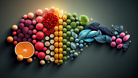 Creative layout of colorful pills and capsules. Minimal medical concept. Pharmaceutical. Flat lay, top view. Ai generativeの素材