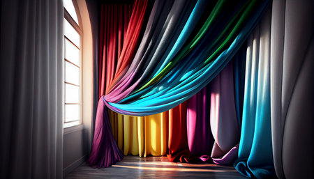 Rainbow Curtain interior decoration in living room with sunlight. Ai generative.の素材