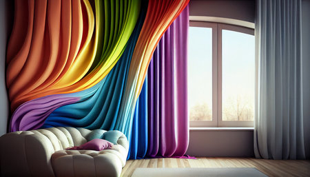 Rainbow Curtain interior decoration in living room with sunlight. Ai generative.の素材